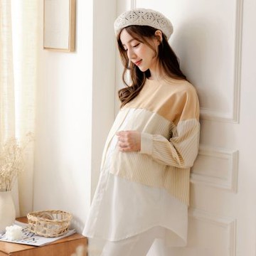OB嚴選-寬鬆純棉假兩件半開襟條紋拼接孕婦上衣《MA0655》