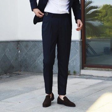 新款 藏青色精紡羊毛Gurkha pants復古英軍廓爾格褲 男藍色西褲