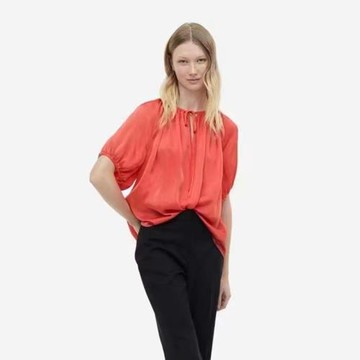 出口單夏薄款圓領雪紡衫寬松上衣領系帶中袖仿娟絲女大碼多色襯衫