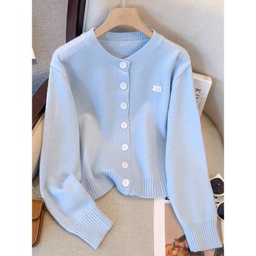 高級感法式氣質修身藍色針織開衫女2025新款秋顯瘦小個子毛衣外套