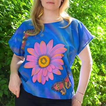 手繪棉質襯衫、T 卹、夏季上衣女裝、棉質大廓形服裝