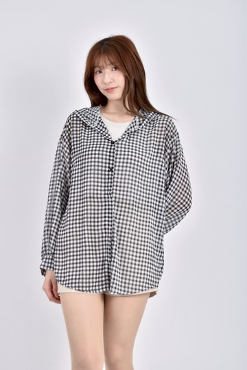 (XL) 質感連帽格紋透膚黑色罩衫