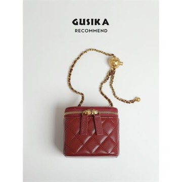 古斯卡盒子包mini小香風包金球菱格鏈條包酒紅真皮斜挎女包小方包
