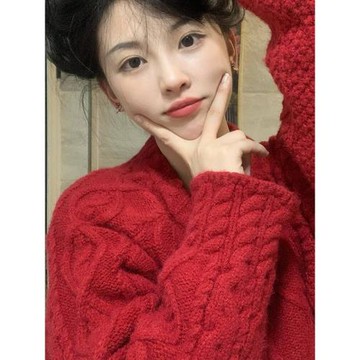 鬼馬大熊羊毛家紅色套頭毛衣女慵懶風寬松針織衫女百搭加厚上衣女