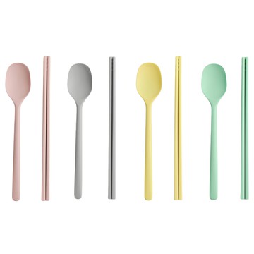 方形矽膠湯筷4人份餐具組  1組  粉色 + 灰色 + 黃色 + 綠色  勺子 4p + 筷子 4p
