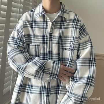 M-8XL 襯衫 上衣 男裝 百搭 潮流春秋撞色格子垂感襯衫男女潮流寬鬆休閒中性bf風外穿長袖襯衣潮流 SAHL