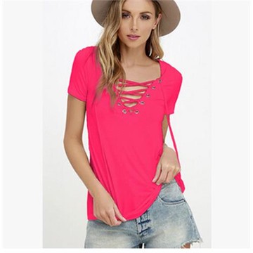 ebay爆款夏裝時尚熱賣歐美風街頭性感V領純色綁帶T恤上衣6色4碼子