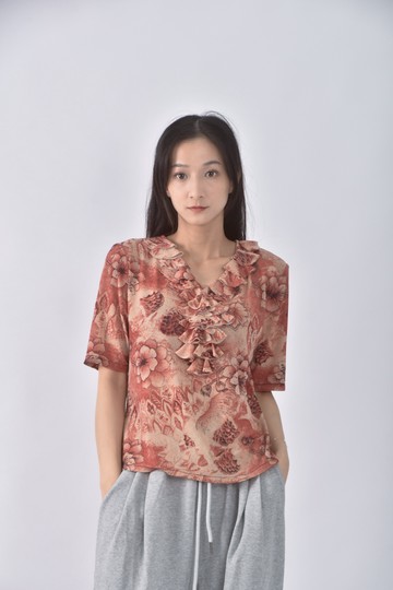 (S) 紫的衣V領橘色短袖上衣