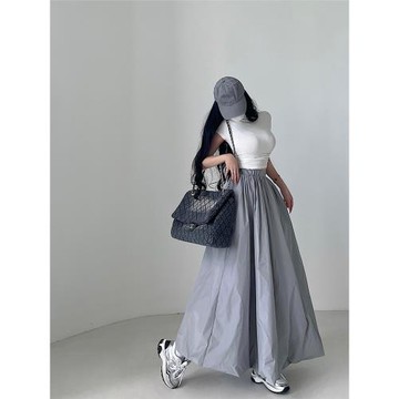 YoungGirlDay歐美風高腰寬松顯瘦抽繩下擺休閑花苞裙A字半身長裙