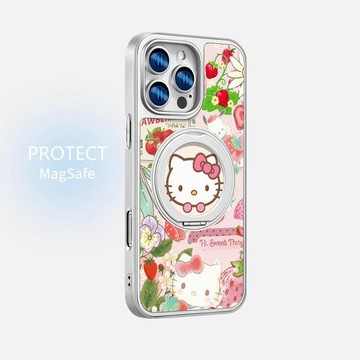 粉底草莓插畫KT貓 磁吸支架殼 適用蘋果17 16 15 14 13 12 11 Promax 可360度旋轉 防摔保護