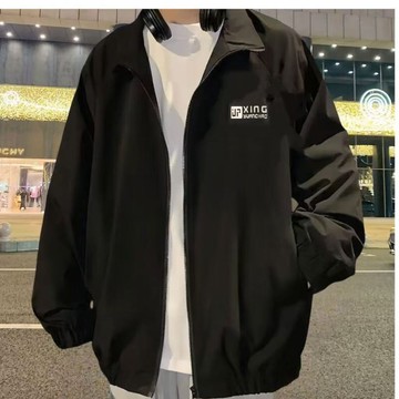 限時優惠 百搭休閒情侶外套 春秋新款男士港風印花夾克休閒百搭寬鬆立領潮男戶外黑色無帽上衣
