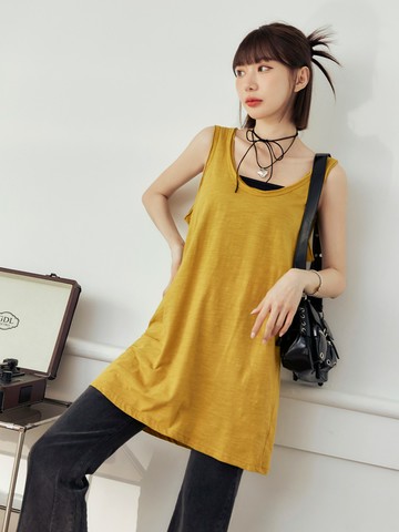純棉素色不收邊無袖長版上衣