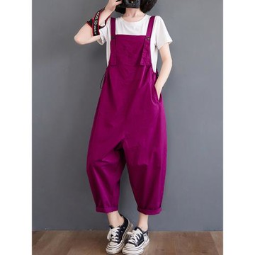 棉麻吊帶褲大碼減齡哈倫背帶褲寬松女裝休閑褲夏季亞麻闊腿連體褲
