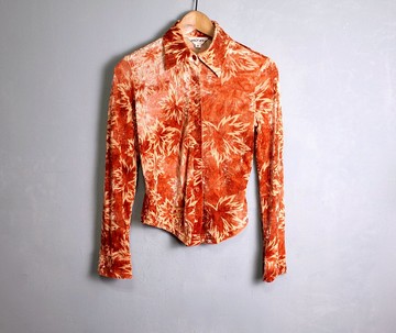 FOAK古著 復古澄橘楓葉天鵝絨襯衫