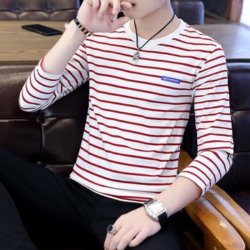 簡約條紋修身純棉港風寬松長袖T恤男士潮牌夏季百搭圓領打底衫男