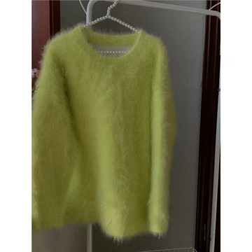 檸檬黃針織上衣25秋季新品水貂絨女毛衣拉毛中長款套頭寬松內搭厚