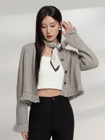 柔軟針織排釦抽鬚短版毛衣外套