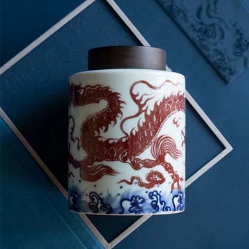 陶瓷茶葉罐普洱茶罐木蓋密封罐龍紋儲存罐紅茶普洱單罐絨布蓋禮盒