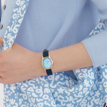 【Ven & Qu】金-海藍寶寶石腕錶 23×27mm 鈷藍皮革錶帶