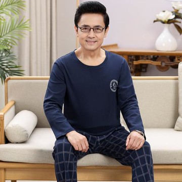 爸爸睡衣純棉2025春秋男中年老人家居服男款春秋款圓領男士可外穿