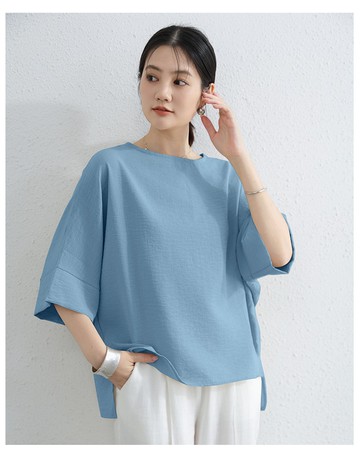 Yukié - 簡約優雅寬袖上衣-藍色 (F)