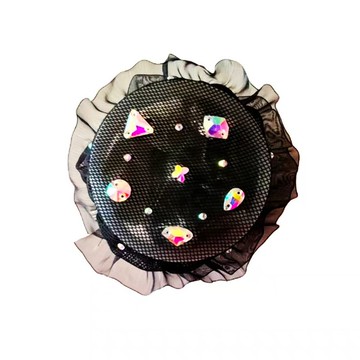 虹彩水晶花式滑冰髮箍——黑色網紗荷葉邊髮飾