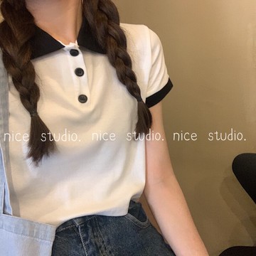 日系polo衫短袖t恤女網紅夏ins潮怪味少女短款寬松半袖上衣服