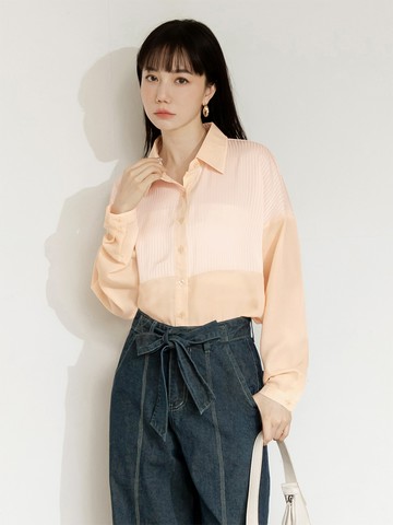 翻領排釦條紋拼接襯衫上衣