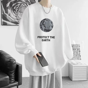 台灣出貨 大尺碼男裝M-8XL 月球地球圖案 宇宙風格 美式街頭風 寬版百搭版型 大學T長袖上衣 冬季男生上衣 UQEQ