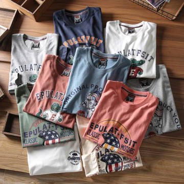 秋季新款美式復古咔嘰全棉水洗磨毛做舊印花男士圓領休閑長袖T恤