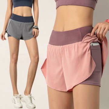 雙拼色假兩件運動短褲 大人 女 防走光 手機口袋 褲子 短褲 運動褲 運動 跑步 慢跑 橘魔法 現貨【BB8987】