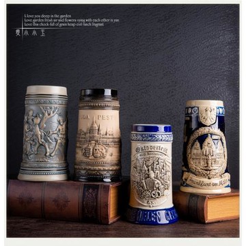 2019新品A中系列北歐式宮廷陶瓷浮雕德國啤酒杯復古創意擺件禮品