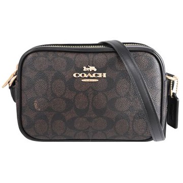 COACH 金屬LOGO印花拉鍊斜背/小相機包(深咖)