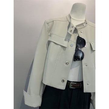 米灰色時尚立領短款皮衣外套女2025春秋季新款美式工裝皮夾克上衣