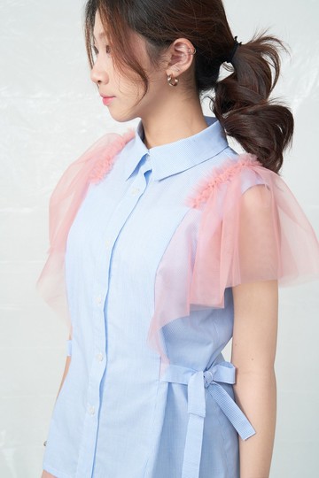 荷葉紗袖條紋襯衫 粉