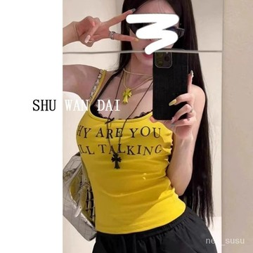 P3-[限時特賣]背心女 小可愛背心 掛脖背心 辣妹背心 多巴胺穿搭泰式小眾辣妹黃色帶胸墊弔帶背心女假兩件美背文胸一體
