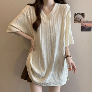 100KG 大尺碼女裝 夏天T恤 肌理感開叉V領短袖 中長款上衣 夏季 新款 寬鬆休閒衣服
