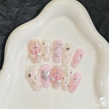 😍加一出品😍新款甜美櫻桃爆閃手繪可愛卡通顯白小孩學生長款純手工美甲穿戴甲純手工穿戴甲 V6PL