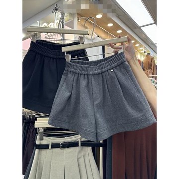 2024秋冬亮片貝殼毛呢短褲女韓版高腰寬松緊闊腿a字褲百搭休閑褲