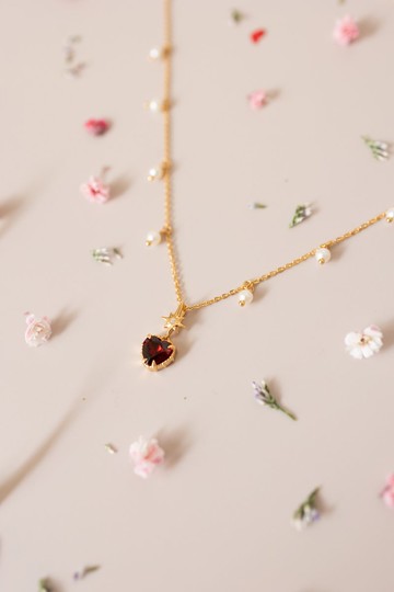 石榴石愛心淡水珍珠頸鏈 純銀鍍18K金