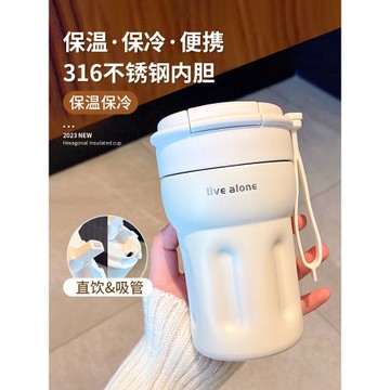 水杯女新款2025簡約咖啡杯隨行吸管雙飲保溫杯女生高顏值便攜杯子