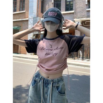 jazz短款短袖T恤kpop甜辣露臍抽繩撞色插肩袖女團風爵士跳舞上衣