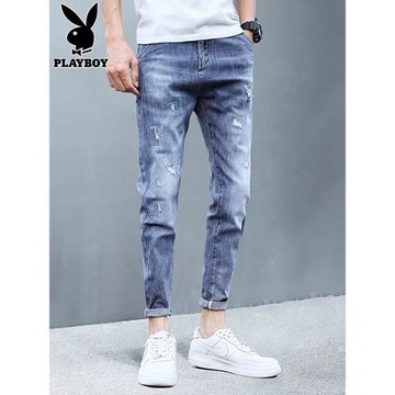 花花公子破洞牛仔褲男士2026新款冬季修身小腳休閑長褲子男褲秋冬