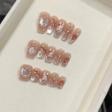 🎀台灣出貨🎀 洛可可純手工貓眼兔子成品穿戴重復使用光療可拆卸貼片顯白美甲