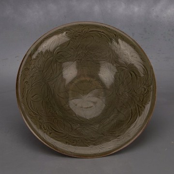 宋代耀州窯青釉開片暗刻纏枝花卉斗笠碗 仿古瓷器全手工擺件古玩