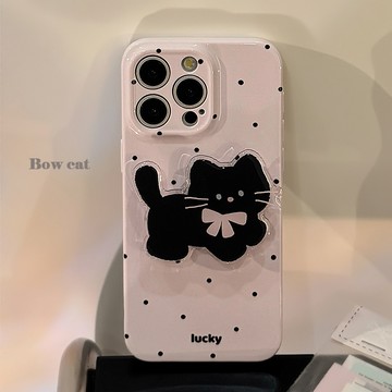 韓國ins波點貓咪支架手機殼 適用iphone15/14/13/12pro max手機殼 蘋果全包亮面菲林軟殼