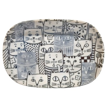 JUST HOME 日本製貓咪家族陶瓷7吋長方盤4件組  18.7 x 12.7 x 2.5cm  灰色 + 白色  1組