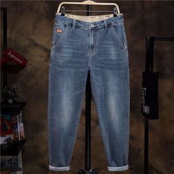 夏季大碼男裝小腿哈倫牛仔褲九分新款潮胖子顯瘦寬松百搭錐形彈力