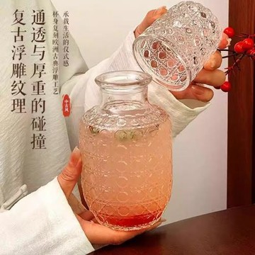 復古浮雕冷水壺玻璃涼水壺一壺一杯冷泡壺家用大容量花茶水壺套裝