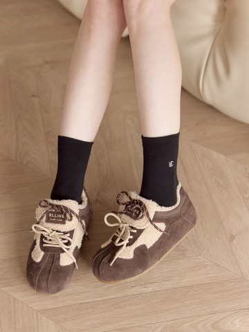 好穿推薦 麂皮羊羔毛拼色鞋